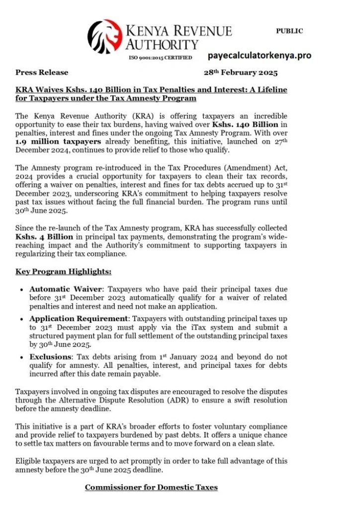 Key Highlights of the Tax Amnesty Program:
Automatic Waiver: Taxpayers who settled their principal taxes before December 31, 2023, automatically qualify for a waiver on penalties and interest—no application needed.

Application Requirement: Those with outstanding principal taxes as of December 31, 2023, must apply via the iTax system and submit a structured payment plan to fully clear their dues by June 30, 2025.
Exclusions: Tax debts incurred from January 1, 2024, onwards do not qualify for amnesty. Penalties, interest, and principal taxes for these debts remain payable.
Take advantage of this opportunity and clear your tax obligations.